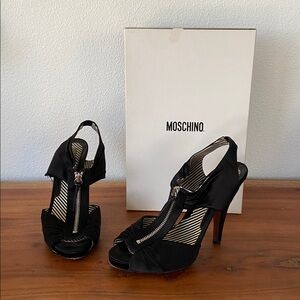 Moschino black satin zip up peep toe high heel moto style shoe sandal size 38